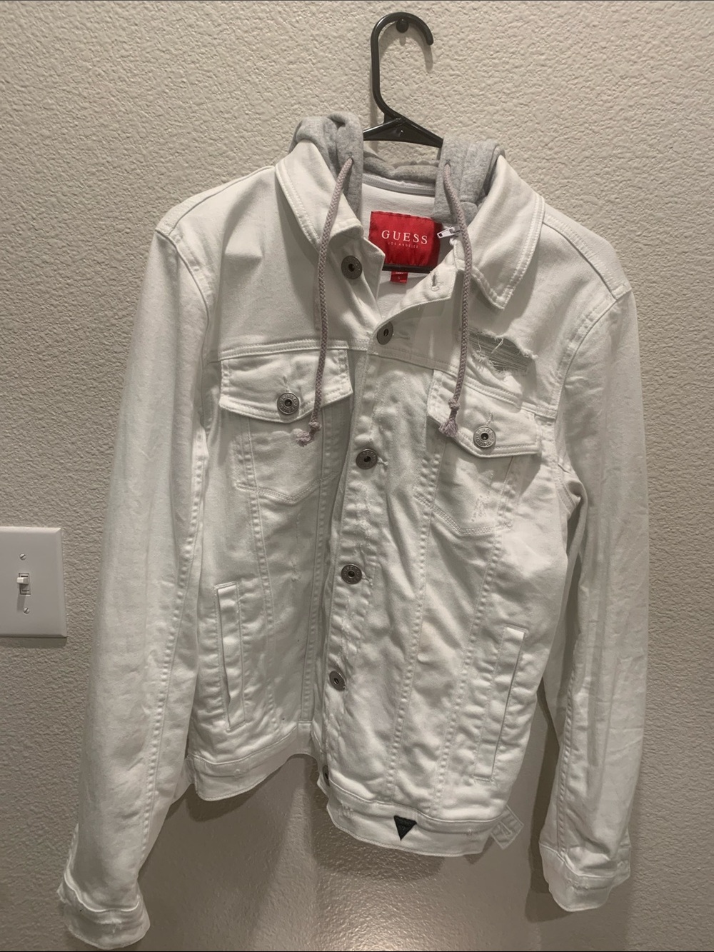 GUESS White Denim Jacket with Grey Hooded Liner